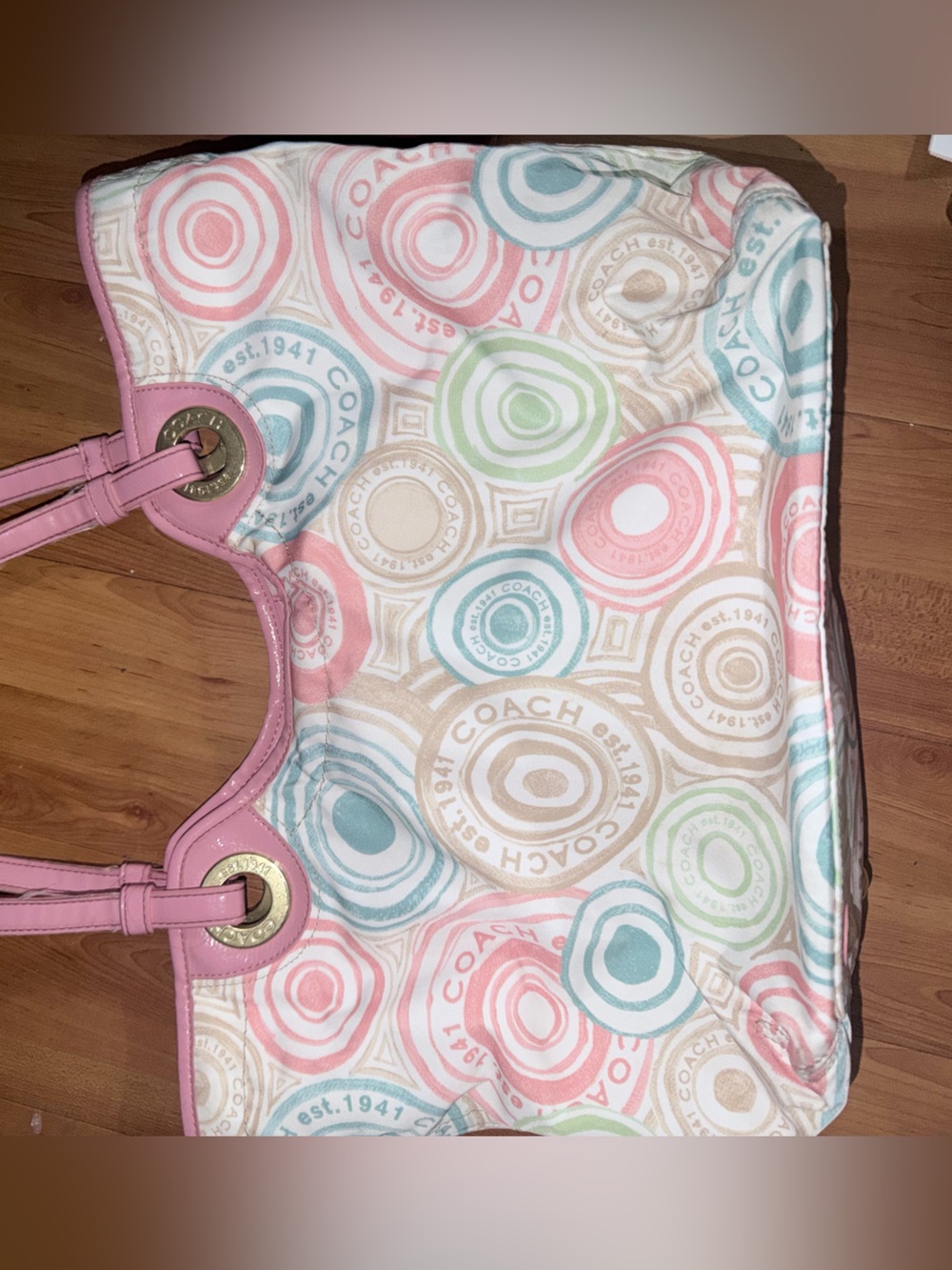 COACH Pastel Circle Logo Canvas Tote with Pink Trim